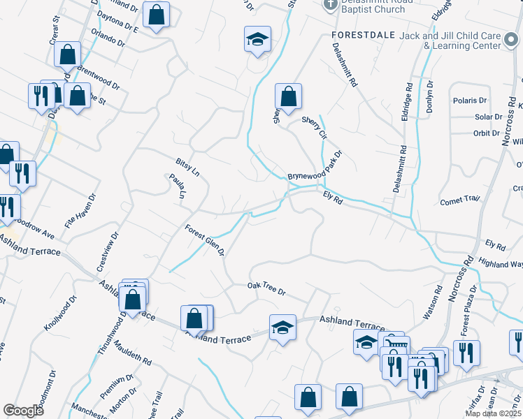 map of restaurants, bars, coffee shops, grocery stores, and more near 806 Ely Road in Chattanooga