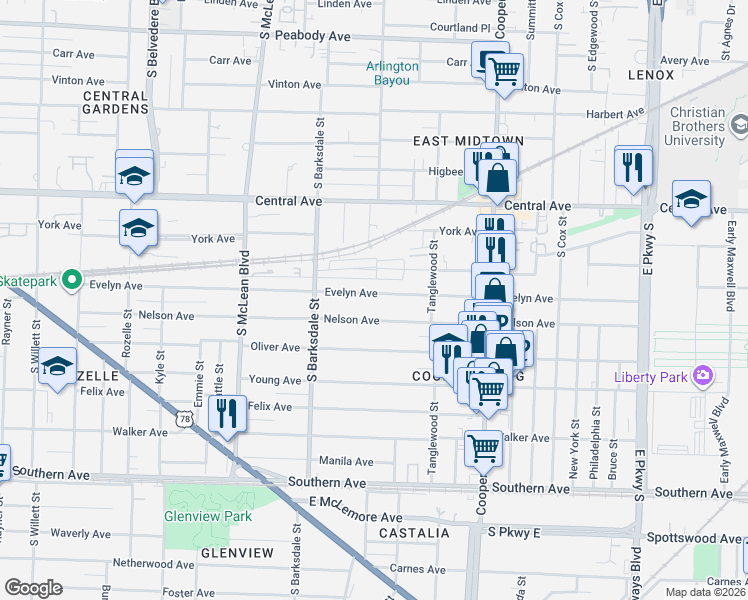 map of restaurants, bars, coffee shops, grocery stores, and more near 2005 Evelyn Avenue in Memphis