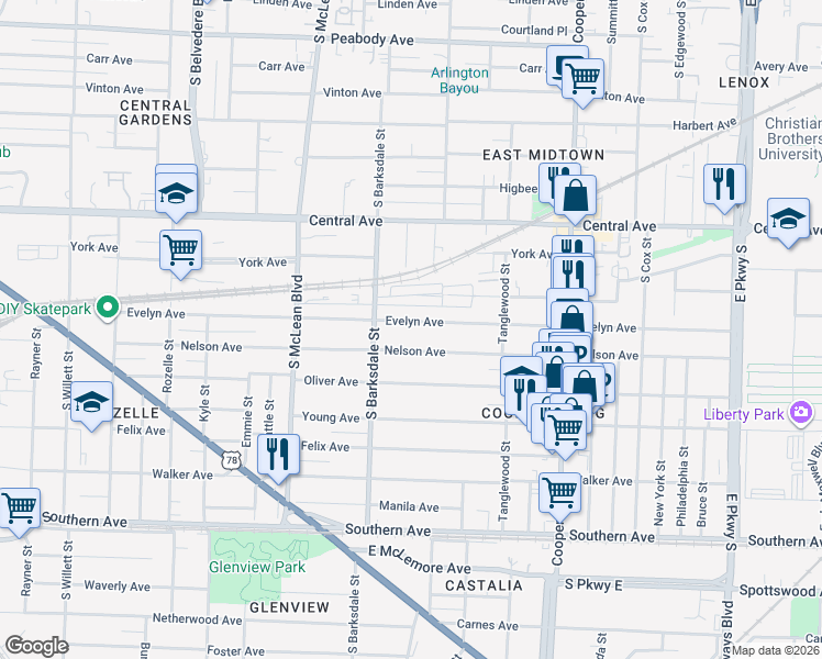 map of restaurants, bars, coffee shops, grocery stores, and more near 1949 Evelyn Avenue in Memphis