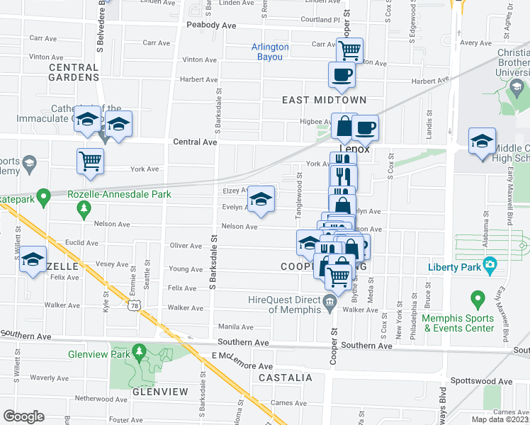 map of restaurants, bars, coffee shops, grocery stores, and more near 2005 Evelyn Avenue in Memphis