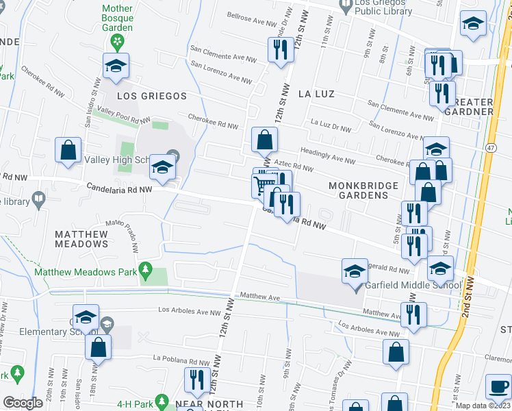 map of restaurants, bars, coffee shops, grocery stores, and more near Candelaria Rd NW & 12th St NW in Albuquerque