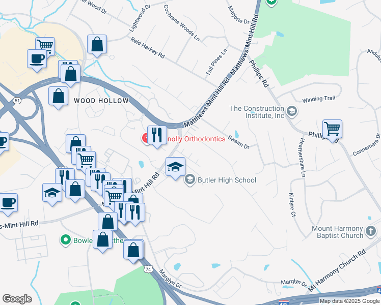 map of restaurants, bars, coffee shops, grocery stores, and more near 1840 Kimway Drive in Matthews