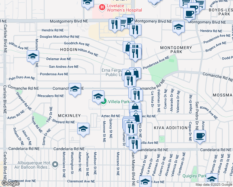 map of restaurants, bars, coffee shops, grocery stores, and more near 5002 Mescalero Road Northeast in Albuquerque