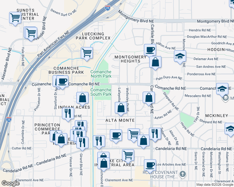 map of restaurants, bars, coffee shops, grocery stores, and more near 3608 Bryn Mawr Drive Northeast in Albuquerque