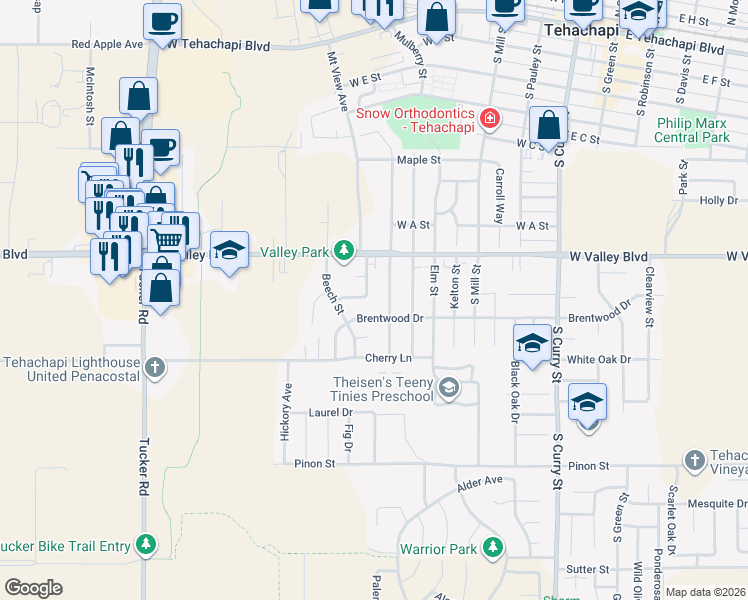 map of restaurants, bars, coffee shops, grocery stores, and more near 816 Aspen Drive in Tehachapi