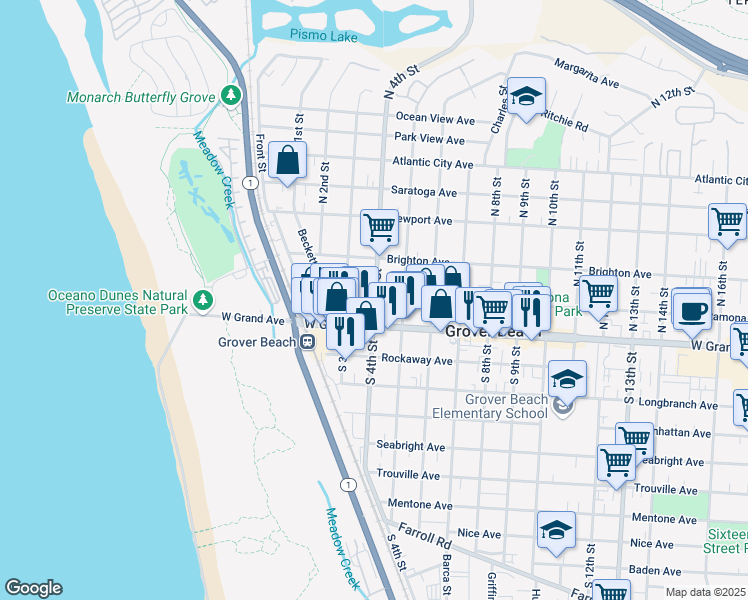 map of restaurants, bars, coffee shops, grocery stores, and more near 350 Ramona Avenue in Grover Beach