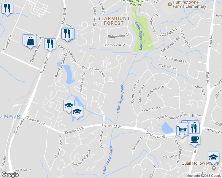 map of restaurants, bars, coffee shops, grocery stores, and more near 2017 Stoney Point Lane in Charlotte