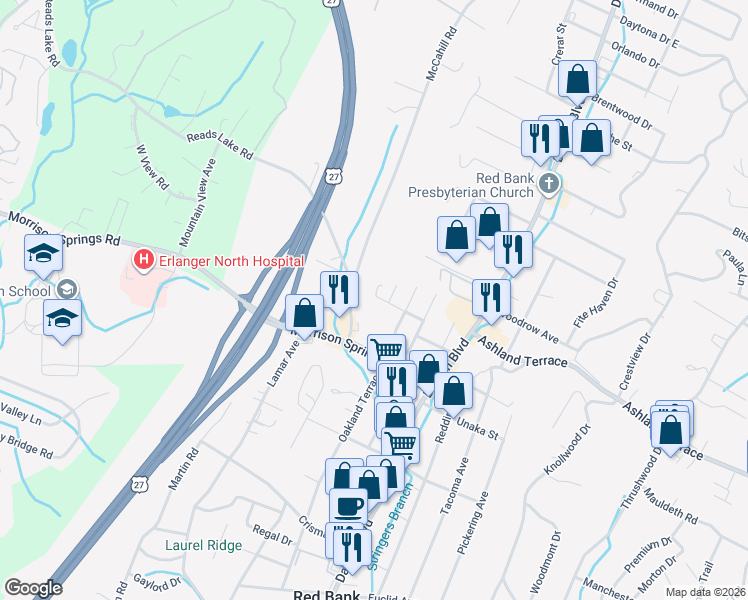 map of restaurants, bars, coffee shops, grocery stores, and more near 210 Trenton Street in Chattanooga