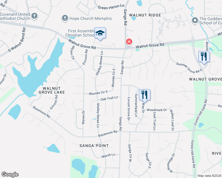 map of restaurants, bars, coffee shops, grocery stores, and more near 8676 Rhonda Circle South in Memphis