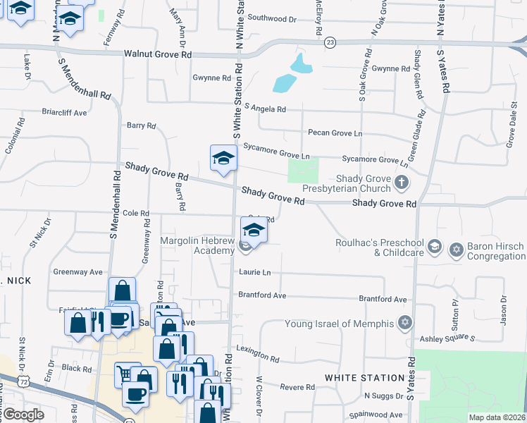 map of restaurants, bars, coffee shops, grocery stores, and more near 5280 Cole Road in Memphis