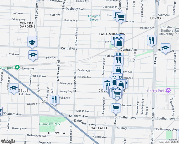 map of restaurants, bars, coffee shops, grocery stores, and more near 2005 Evelyn Avenue in Memphis