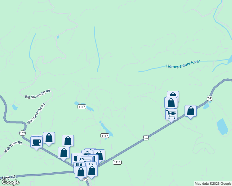 map of restaurants, bars, coffee shops, grocery stores, and more near 5 East Ridge Road in Cashiers