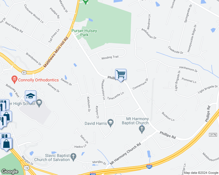 map of restaurants, bars, coffee shops, grocery stores, and more near 2527 Clearkirk Court in Matthews
