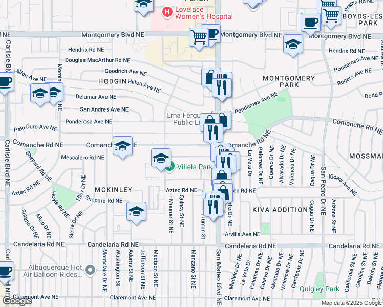 map of restaurants, bars, coffee shops, grocery stores, and more near 5002 Mescalero Road Northeast in Albuquerque