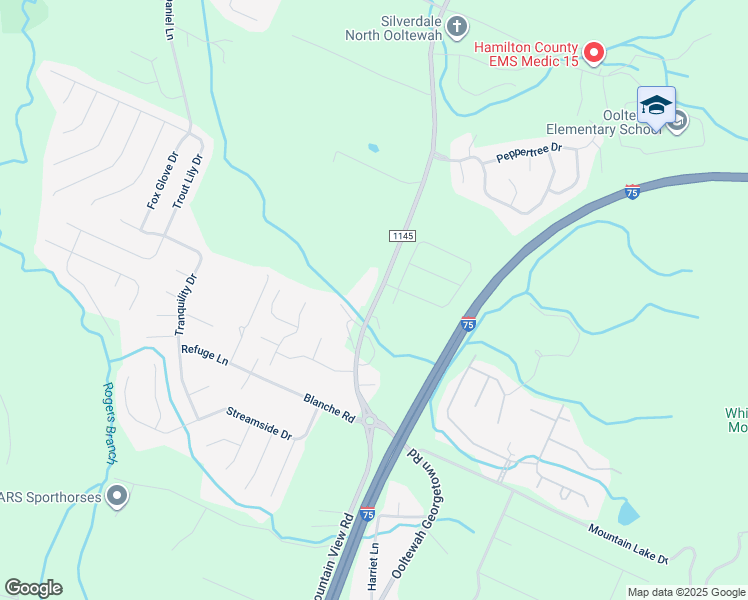 map of restaurants, bars, coffee shops, grocery stores, and more near 7331 County Highway 1145 in Ooltewah