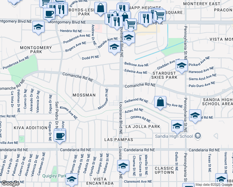 map of restaurants, bars, coffee shops, grocery stores, and more near 3315 Louisiana Boulevard Northeast in Albuquerque