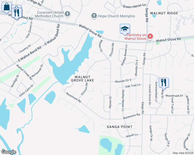 map of restaurants, bars, coffee shops, grocery stores, and more near 8487 Bergen Drive in Memphis
