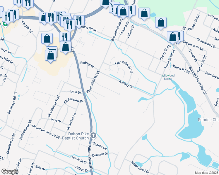 map of restaurants, bars, coffee shops, grocery stores, and more near 2463 Ella Drive Southeast in Cleveland