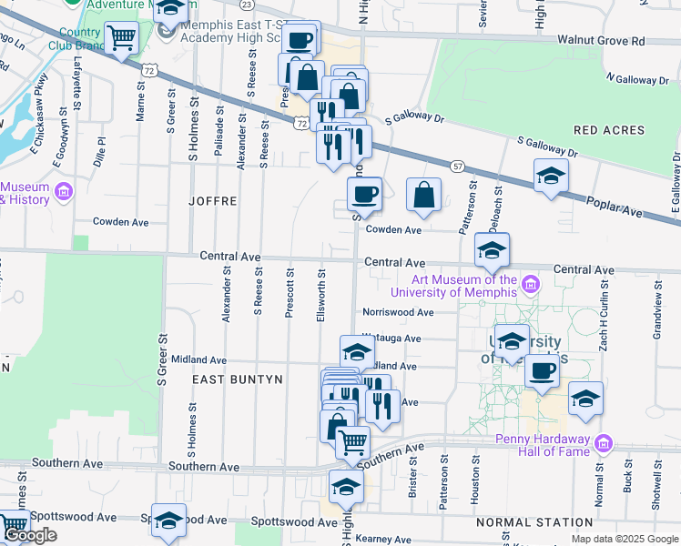 map of restaurants, bars, coffee shops, grocery stores, and more near 317 South Highland Street in Memphis