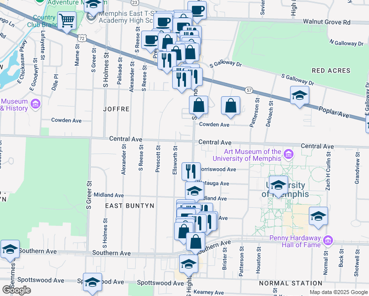 map of restaurants, bars, coffee shops, grocery stores, and more near 317 South Highland Street in Memphis