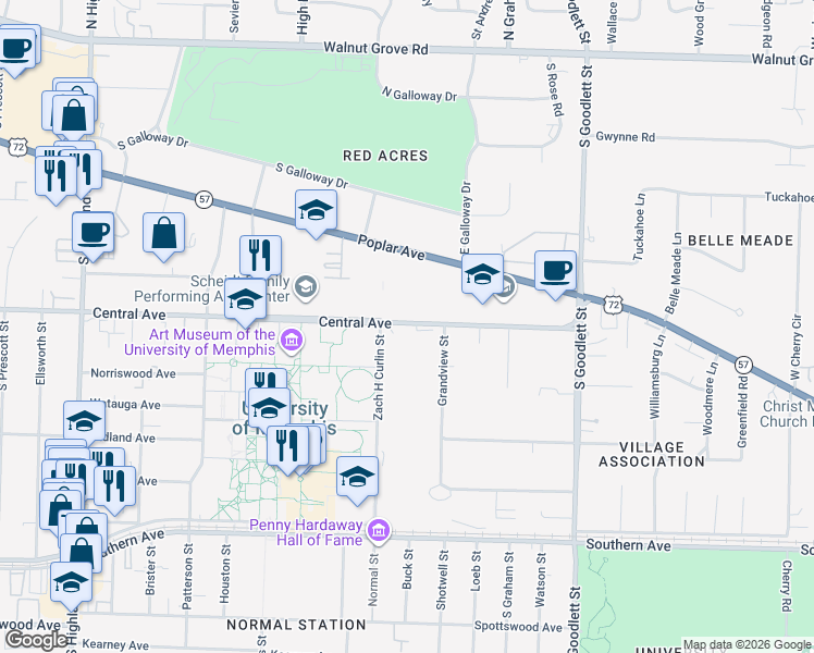 map of restaurants, bars, coffee shops, grocery stores, and more near 3885 Central Avenue in Memphis