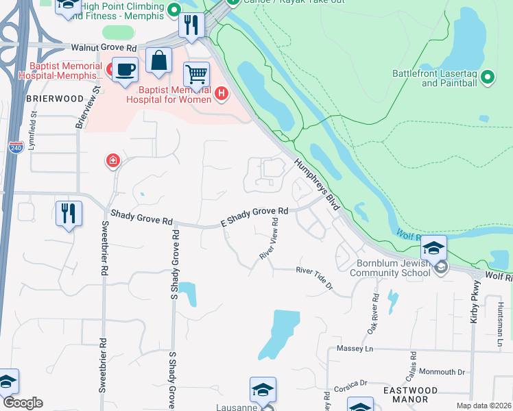 map of restaurants, bars, coffee shops, grocery stores, and more near 6304 East Shady Grove Road in Memphis