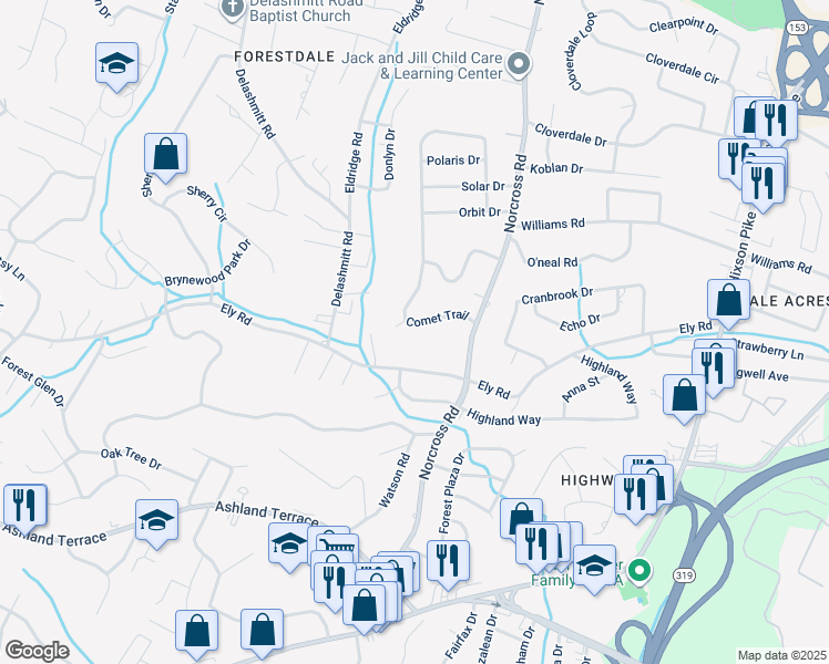 map of restaurants, bars, coffee shops, grocery stores, and more near 4327 Comet Trail in Chattanooga