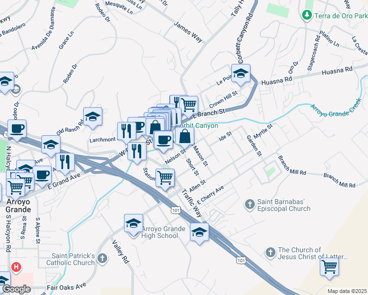 map of restaurants, bars, coffee shops, grocery stores, and more near 201 Nelson Street in Arroyo Grande
