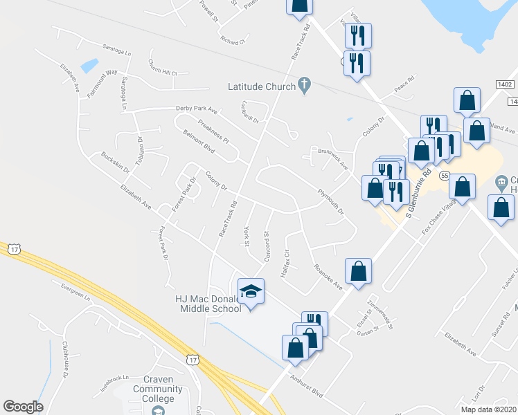 map of restaurants, bars, coffee shops, grocery stores, and more near 1622 York Street in New Bern