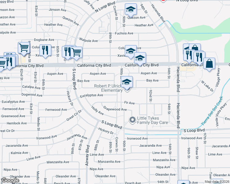 map of restaurants, bars, coffee shops, grocery stores, and more near Corwin Street in California City