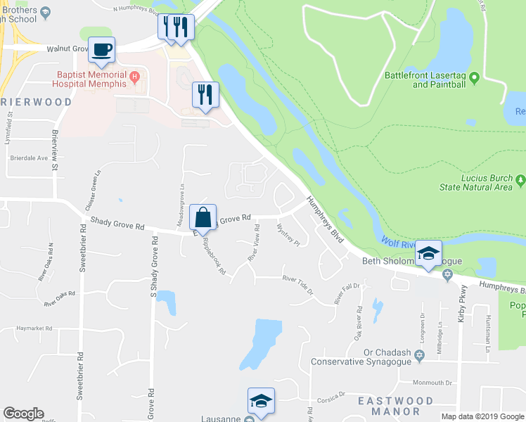 map of restaurants, bars, coffee shops, grocery stores, and more near 6350 East Shady Grove Road in Memphis