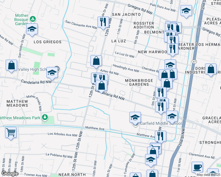 map of restaurants, bars, coffee shops, grocery stores, and more near 1105 Candelaria Road Northwest in Albuquerque