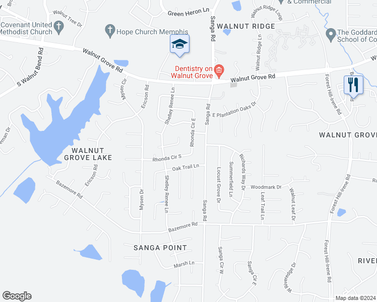 map of restaurants, bars, coffee shops, grocery stores, and more near 253 Rhonda Circle East in Memphis