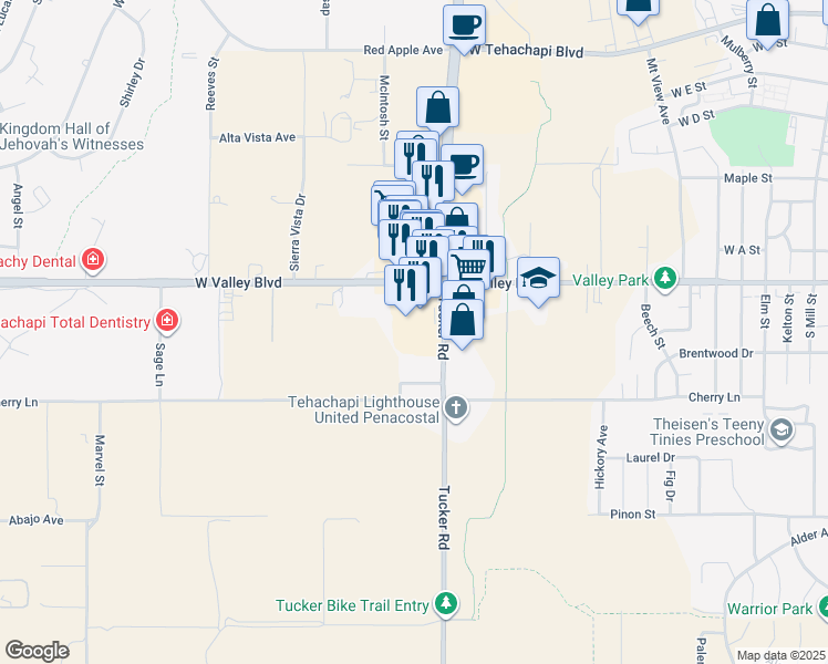 map of restaurants, bars, coffee shops, grocery stores, and more near 841 Tucker Road in Tehachapi