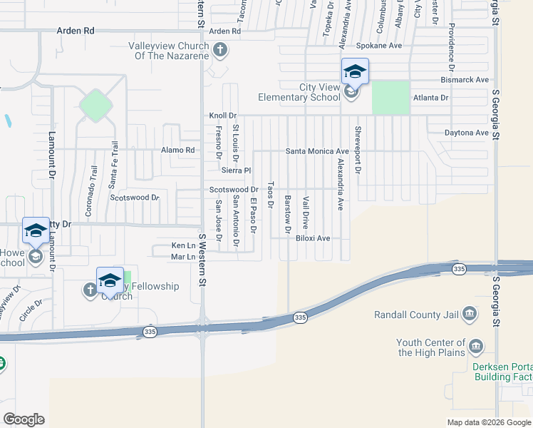 map of restaurants, bars, coffee shops, grocery stores, and more near 8400 Taos Drive in Amarillo