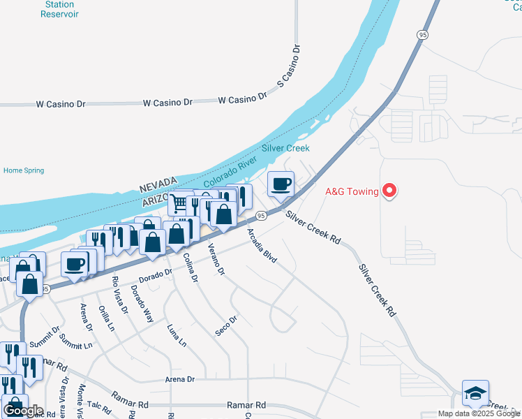 map of restaurants, bars, coffee shops, grocery stores, and more near 1711 Arizona 95 in Bullhead City