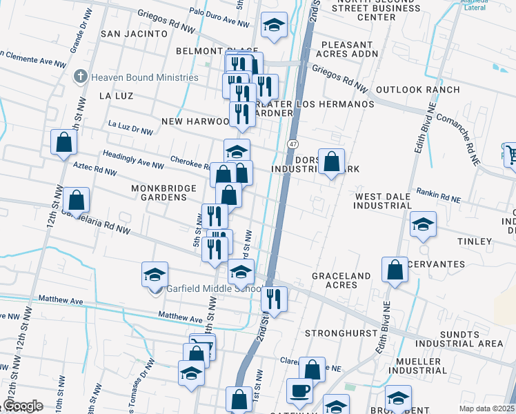map of restaurants, bars, coffee shops, grocery stores, and more near 220 Headingly Avenue Northwest in Albuquerque
