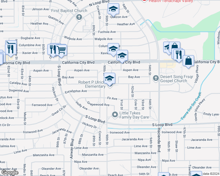 map of restaurants, bars, coffee shops, grocery stores, and more near 9124 Catalpa Avenue in California City