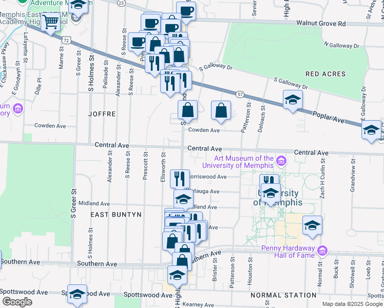 map of restaurants, bars, coffee shops, grocery stores, and more near 314 South Highland Street in Memphis