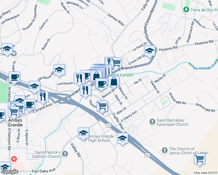 map of restaurants, bars, coffee shops, grocery stores, and more near 133 Bridge Street in Arroyo Grande