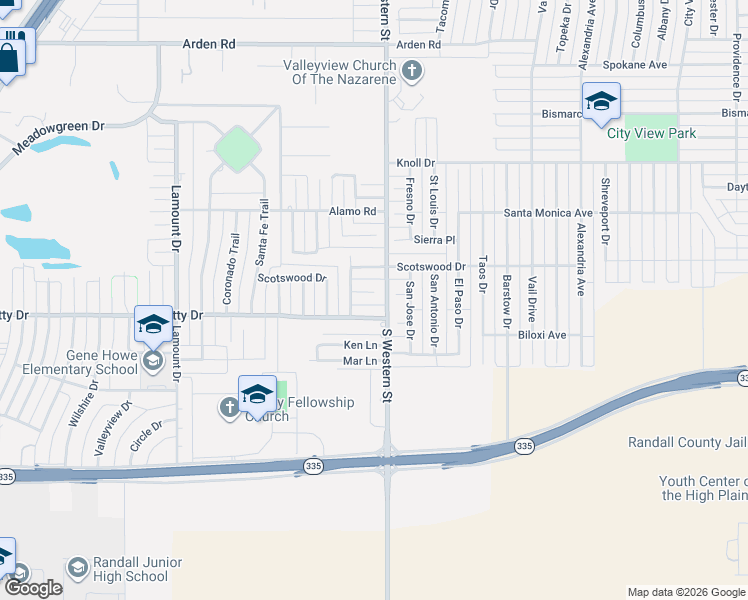map of restaurants, bars, coffee shops, grocery stores, and more near 4204 Scotty Drive in Amarillo