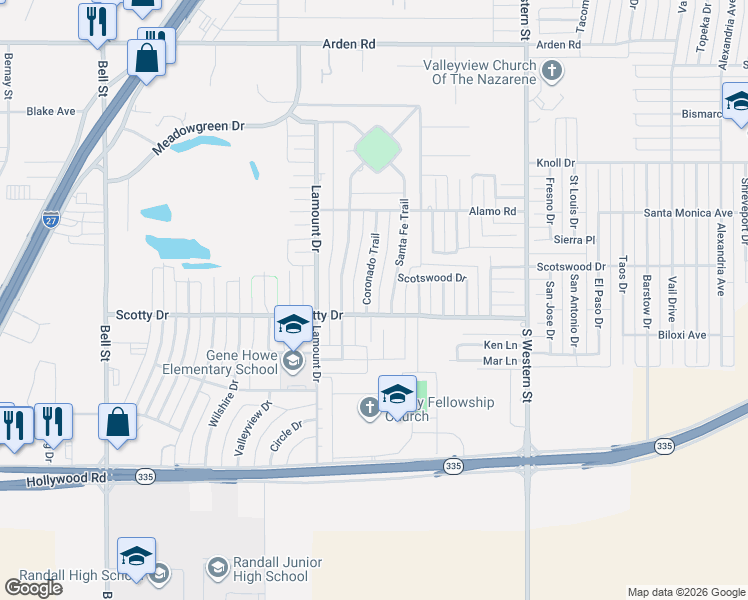 map of restaurants, bars, coffee shops, grocery stores, and more near 8139 Coronado Trail in Amarillo