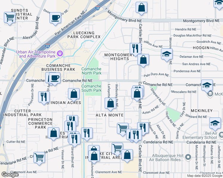 map of restaurants, bars, coffee shops, grocery stores, and more near 3613 Wellesley Drive Northeast in Albuquerque