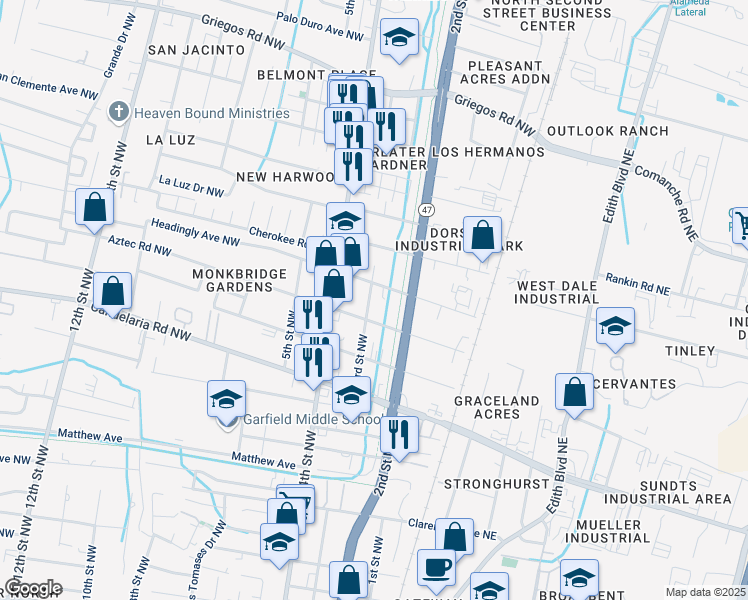 map of restaurants, bars, coffee shops, grocery stores, and more near 220 Headingly Avenue Northwest in Albuquerque
