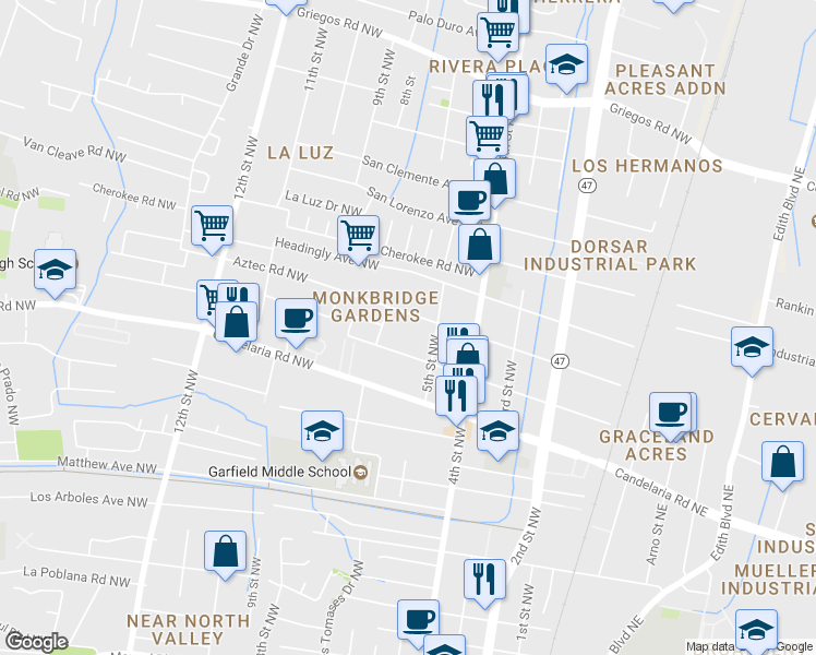 map of restaurants, bars, coffee shops, grocery stores, and more near 521 Veranda Road Northwest in Albuquerque