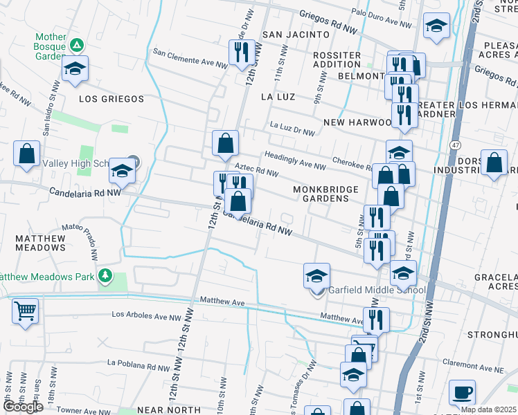 map of restaurants, bars, coffee shops, grocery stores, and more near 1105 Candelaria Road Northwest in Albuquerque