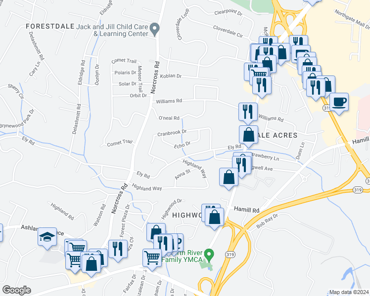 map of restaurants, bars, coffee shops, grocery stores, and more near 1218 Echo Drive in Chattanooga