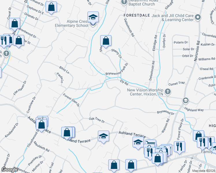 map of restaurants, bars, coffee shops, grocery stores, and more near 938 Brynewood Terrace in Chattanooga