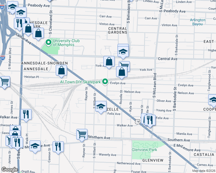 map of restaurants, bars, coffee shops, grocery stores, and more near 867 Roland Street in Memphis