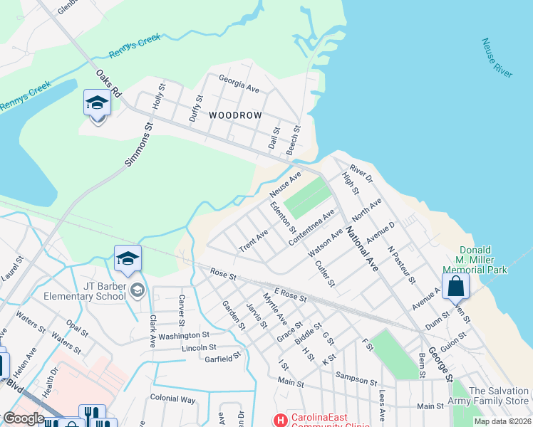 map of restaurants, bars, coffee shops, grocery stores, and more near 602 Trent Avenue in New Bern